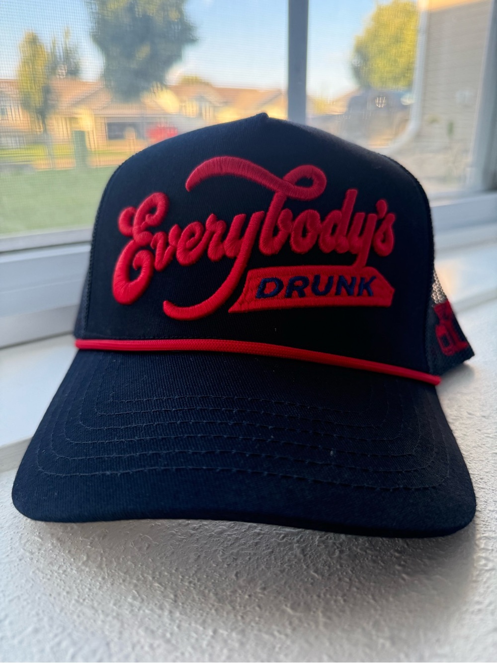 ‘Everybody's Drunk’ Kenz Kustomz Navy & Red Trucker Hat – Bold Embroidered Cap